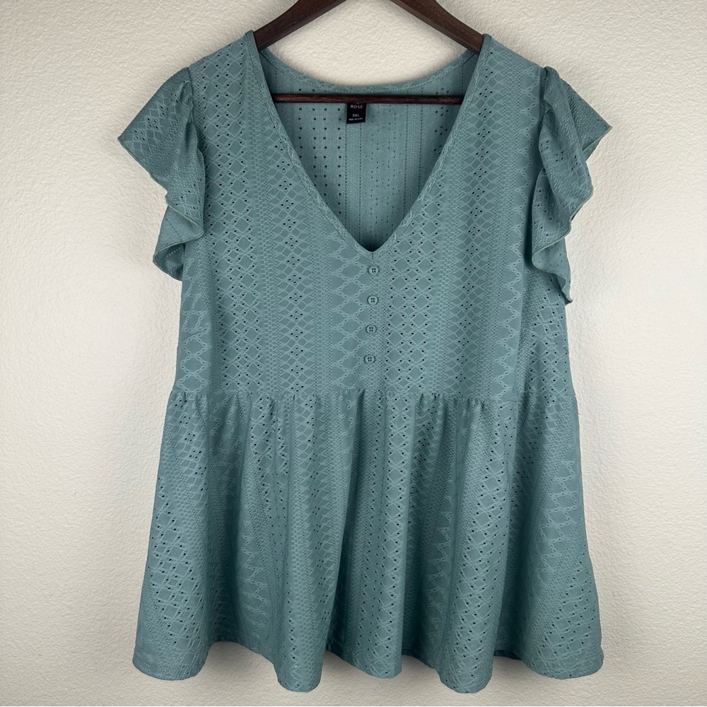 Emery Rose Top Women Plus Size 0X Green Semi Sheer Eyelet Flutter Sleeve Stretch